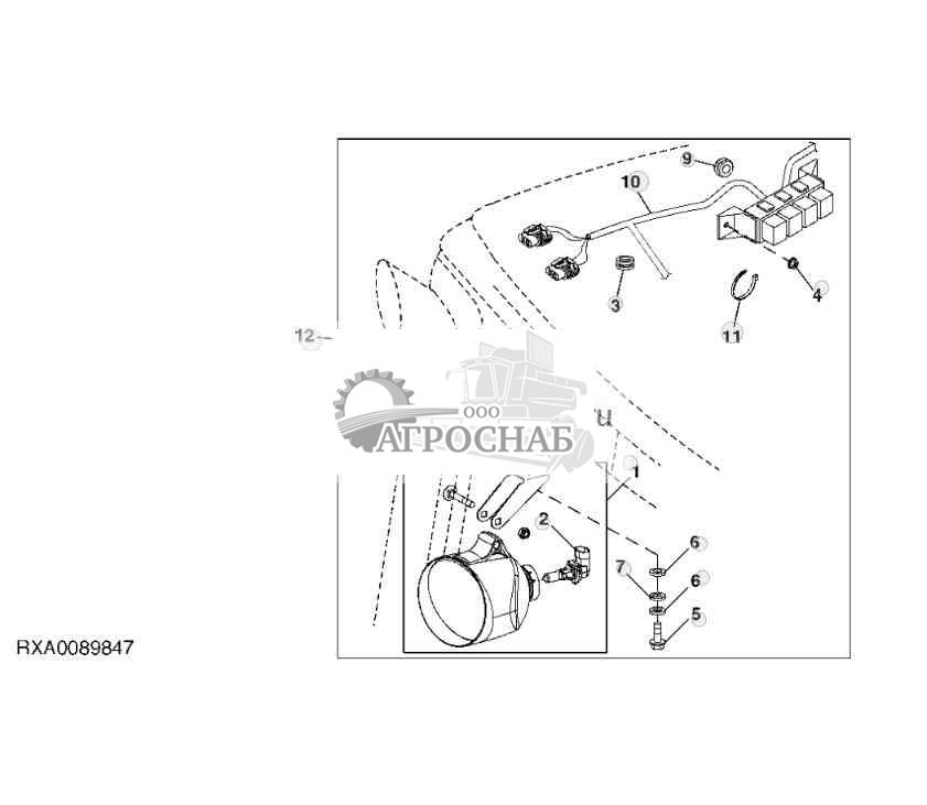 Передняя фара рабочего освещения на крыше кабины (внутренняя) (комплект для установки в полевых условиях) 